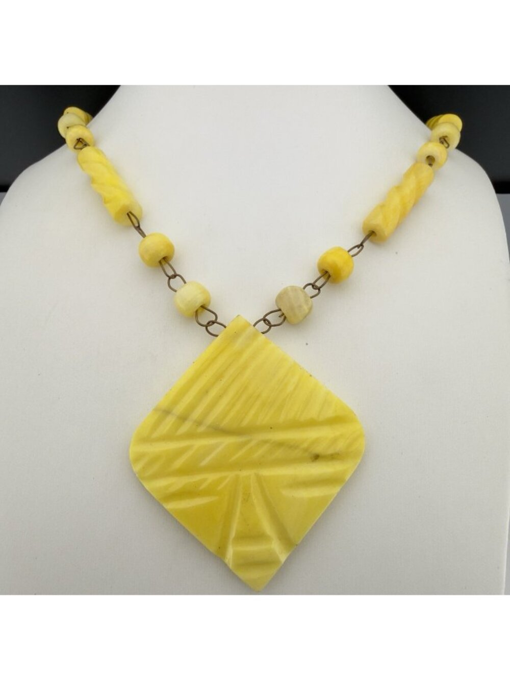 Vintage Yellow Carved Stone Necklace Warrior Pendant Tribal Statement Handmade